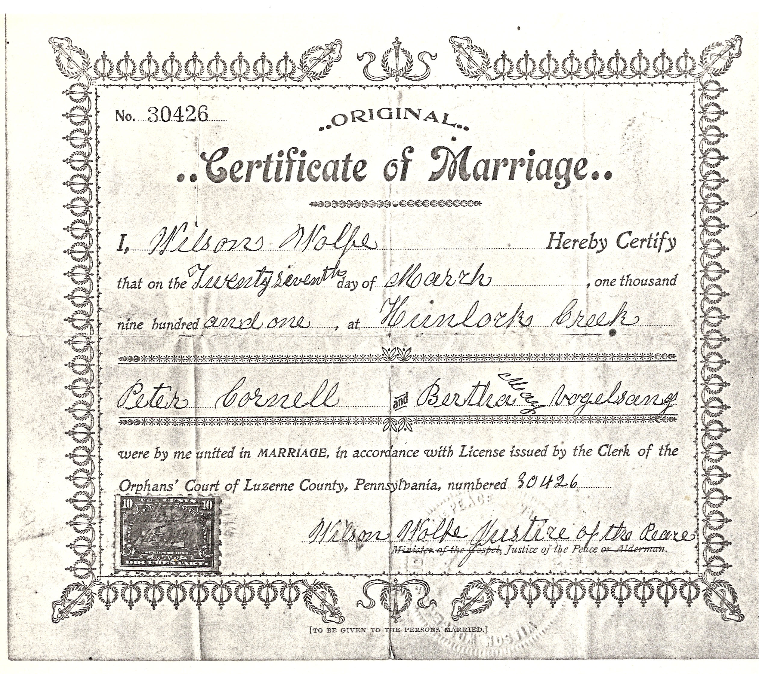 Marriage of Peter Cornell and Bertha May Vogelsang